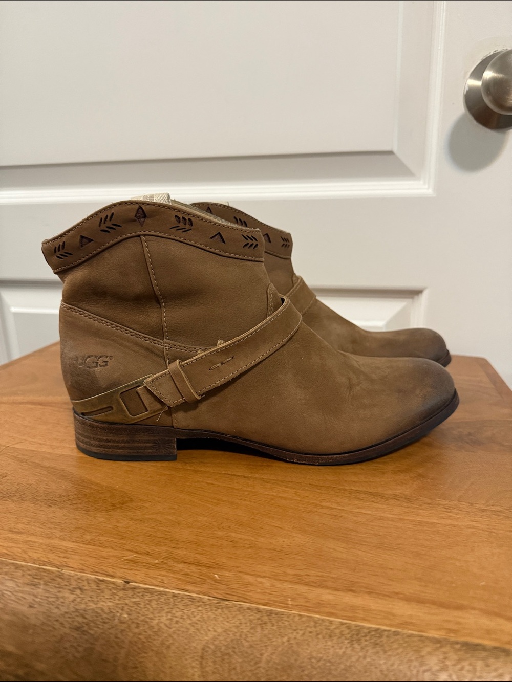 UGG Tan Suede Ankle Booties with Buckle Strap